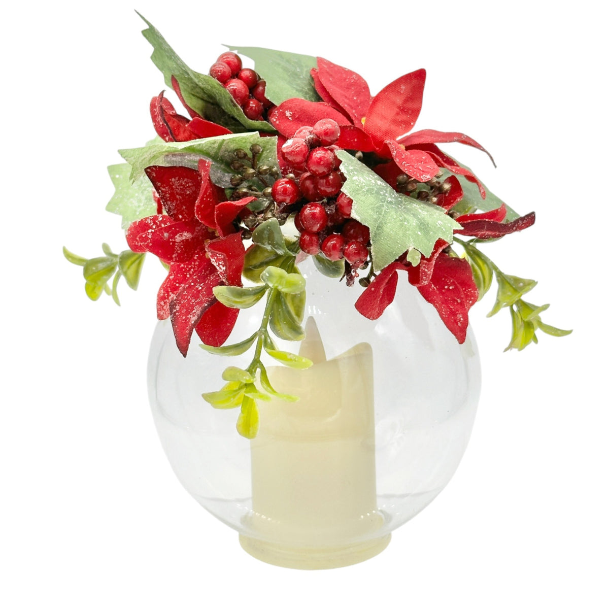 Holiday Candle Globe with Faux Poinsettias Greenery Battery Operated 6.5"x4.5"