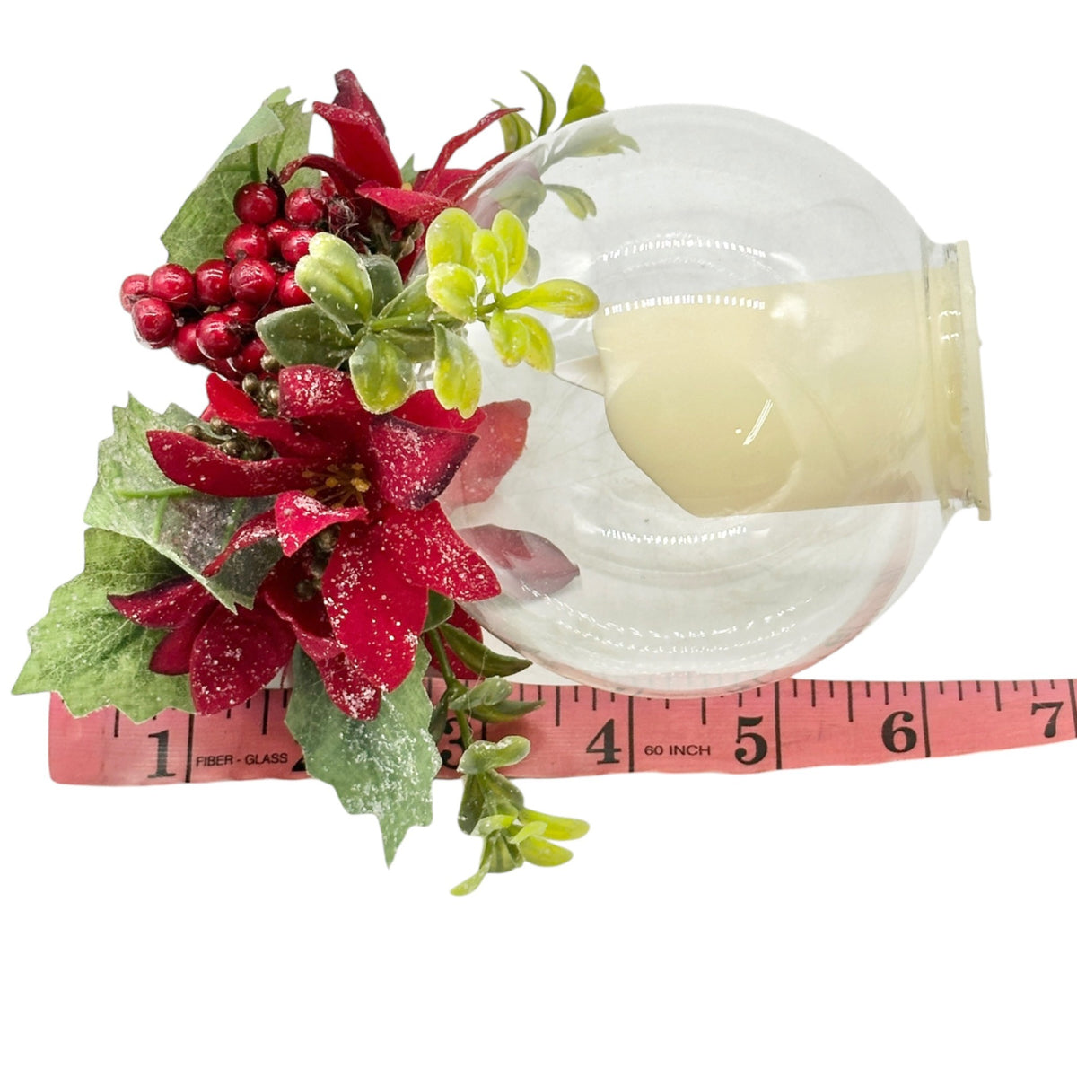 Holiday Candle Globe with Faux Poinsettias Greenery Battery Operated 6.5"x4.5"