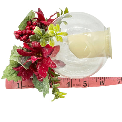 Holiday Candle Globe with Faux Poinsettias Greenery Battery Operated 6.5"x4.5"