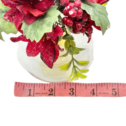 Holiday Candle Globe with Faux Poinsettias Greenery Battery Operated 6.5"x4.5"