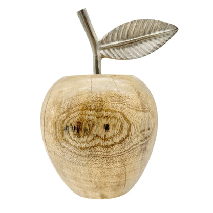 Wooden Apple Figurine With Metal Leaf Rustic Table or Shelf Decor 8 inches Tall