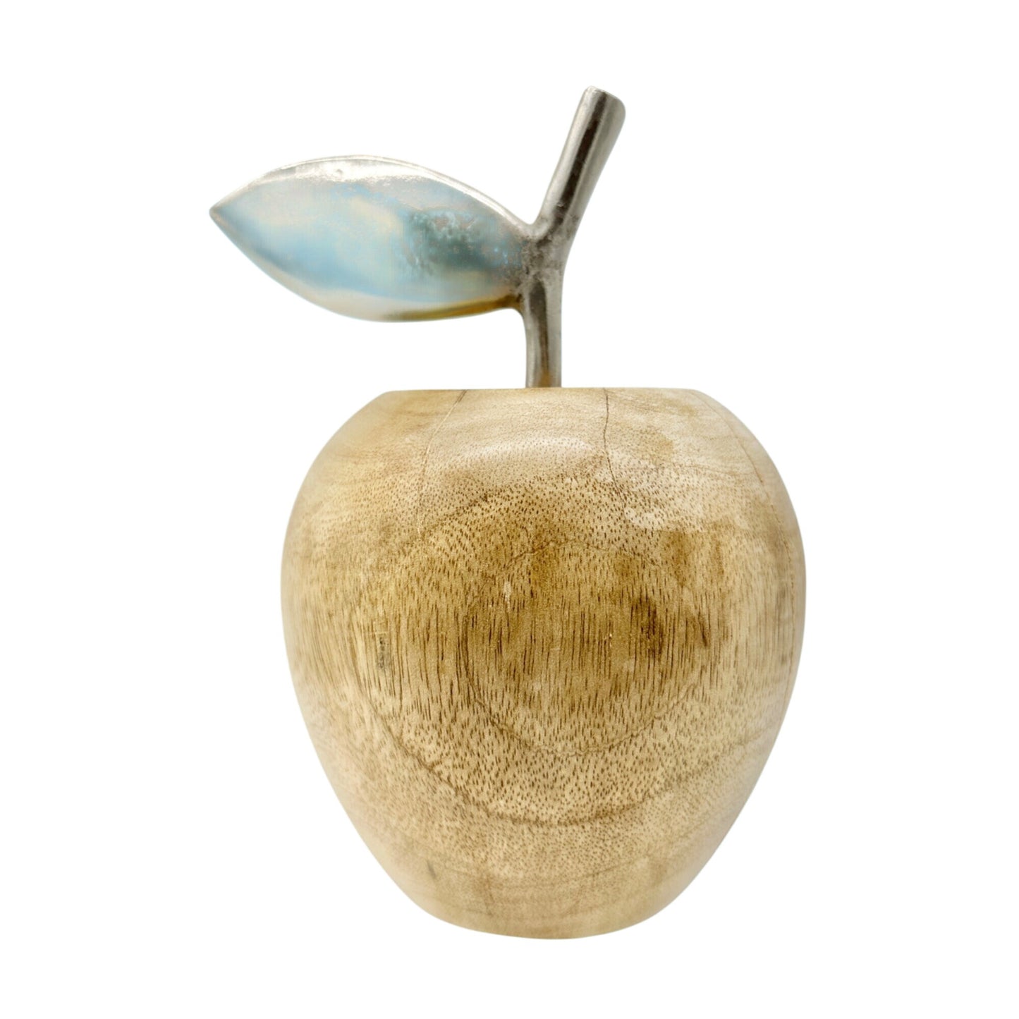 Wooden Apple Figurine With Metal Leaf Rustic Table or Shelf Decor 8 inches Tall