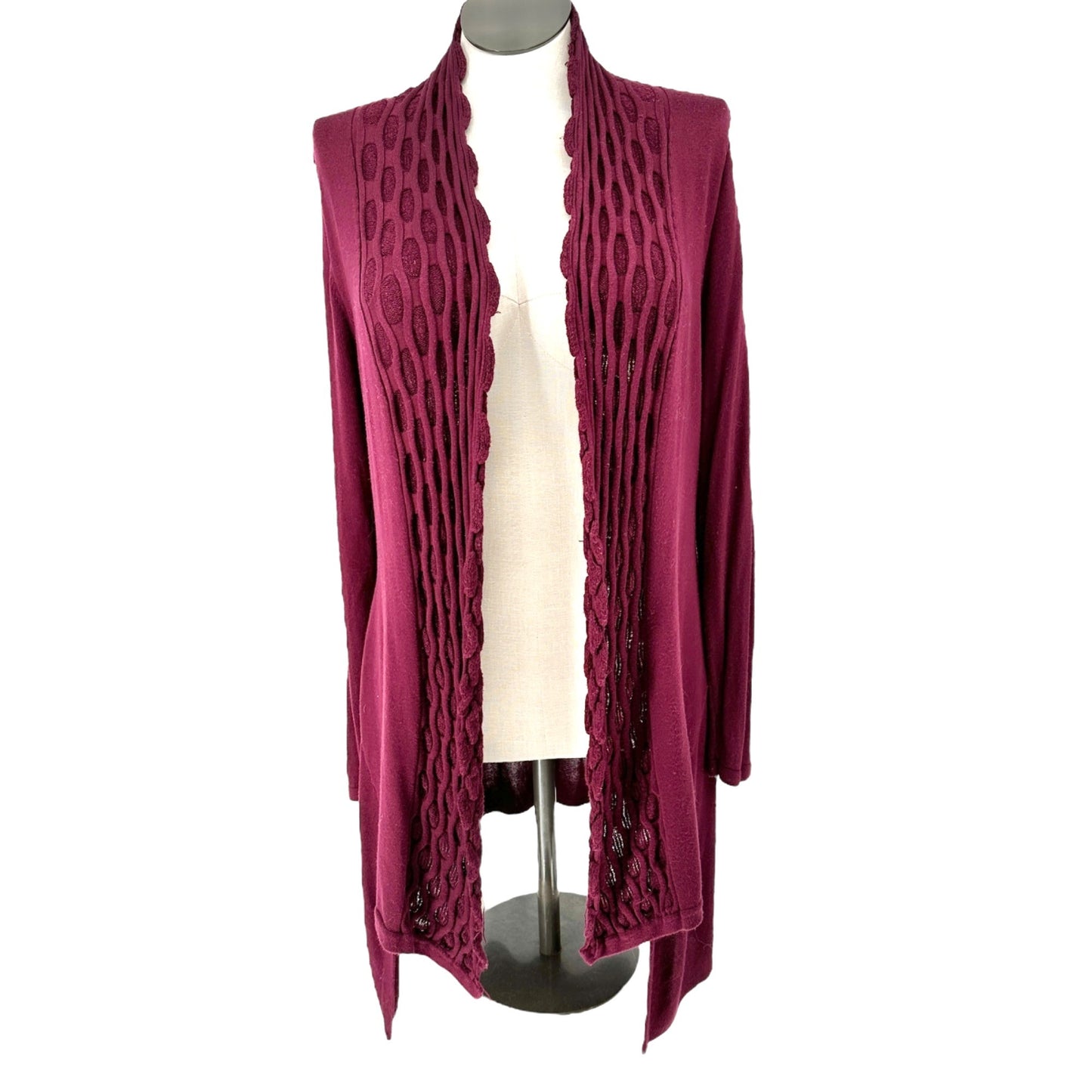 Roz & Ali Cardigan Sweater Womens L Rayon Open Front LS Plum Scallop Design