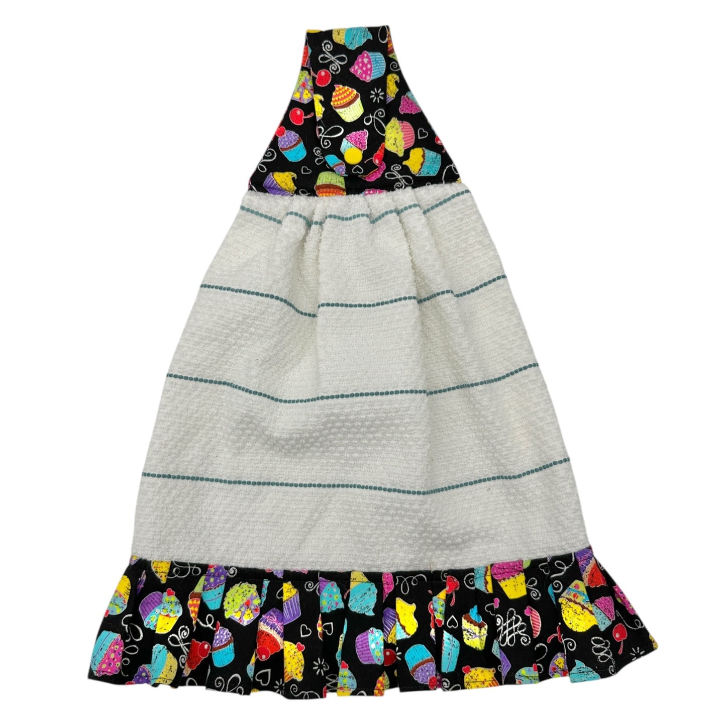 Handmade Hanging Kitchen Towel With Cupcake Print Top and Ruffle Trim Colorful