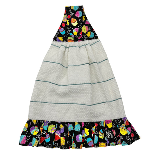 Handmade Hanging Kitchen Towel With Cupcake Print Top and Ruffle Trim Colorful