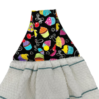 Handmade Hanging Kitchen Towel With Cupcake Print Top and Ruffle Trim Colorful