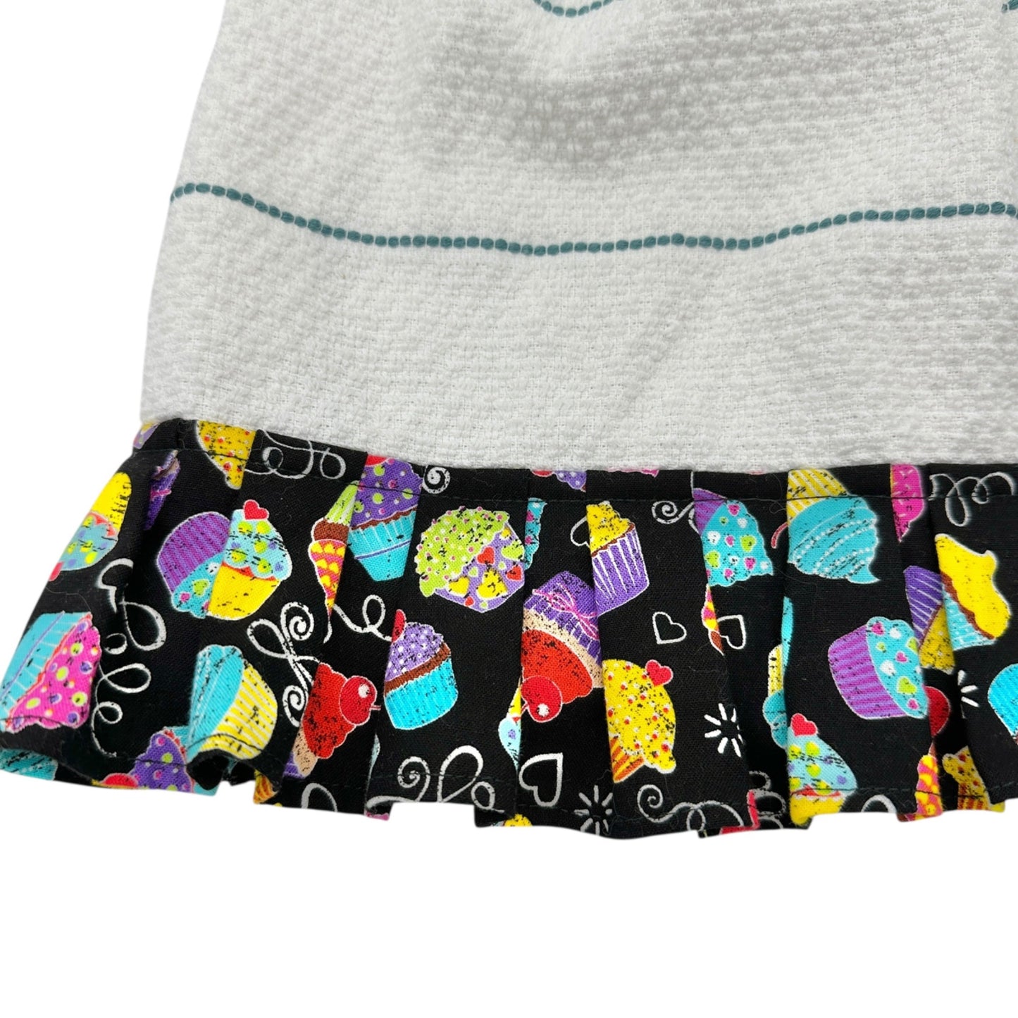 Handmade Hanging Kitchen Towel With Cupcake Print Top and Ruffle Trim Colorful