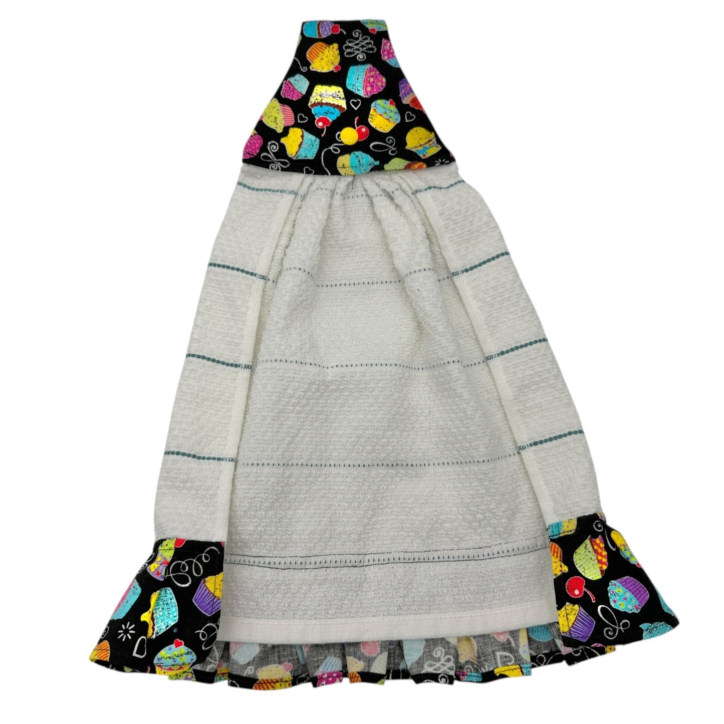Handmade Hanging Kitchen Towel With Cupcake Print Top and Ruffle Trim Colorful