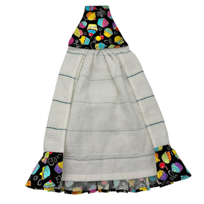 Handmade Hanging Kitchen Towel With Cupcake Print Top and Ruffle Trim Colorful