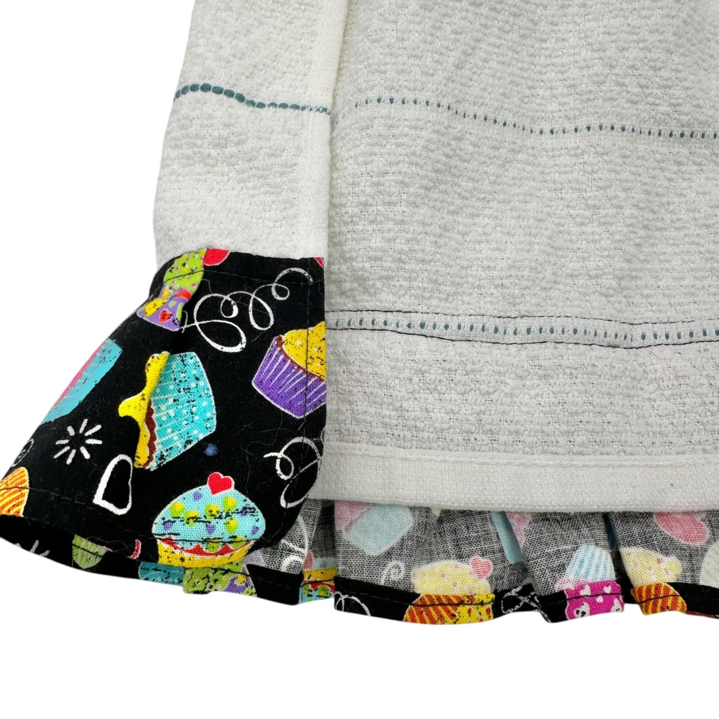 Handmade Hanging Kitchen Towel With Cupcake Print Top and Ruffle Trim Colorful