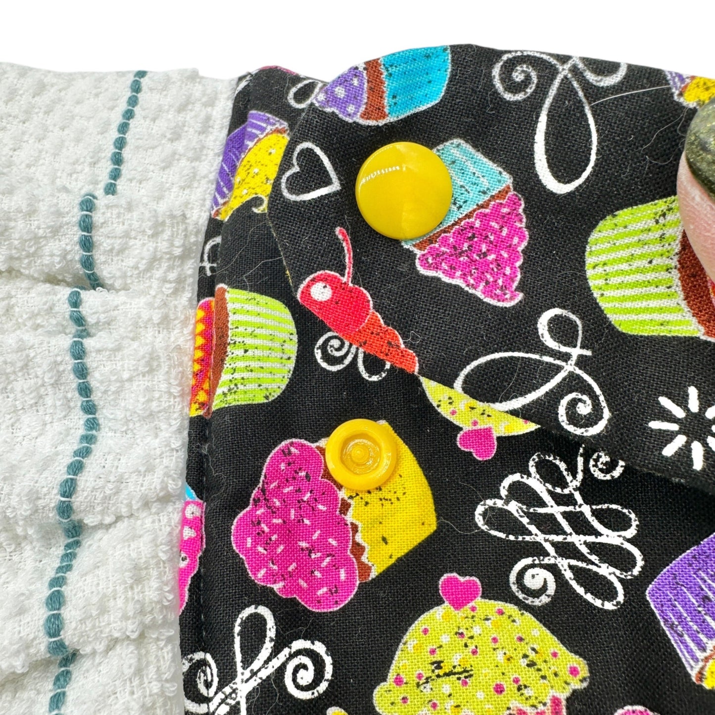 Handmade Hanging Kitchen Towel With Cupcake Print Top and Ruffle Trim Colorful