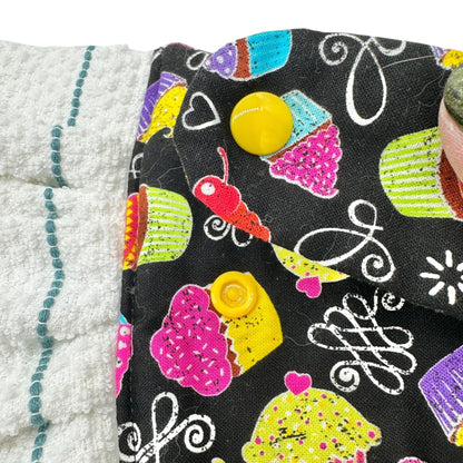 Handmade Hanging Kitchen Towel With Cupcake Print Top and Ruffle Trim Colorful