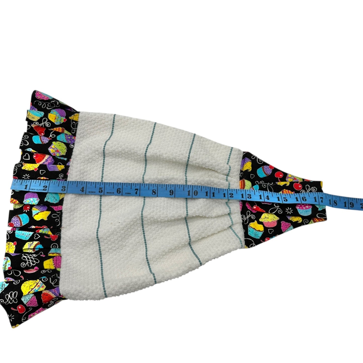 Handmade Hanging Kitchen Towel With Cupcake Print Top and Ruffle Trim Colorful