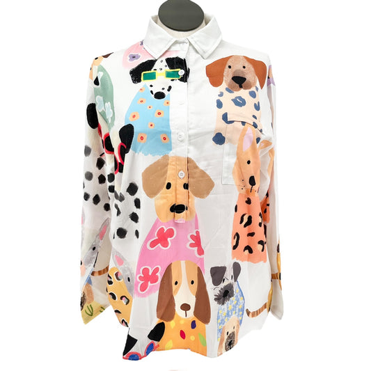 Dog-Themed Pullover Top Oversized XL Colorful Cartoon Print LS White Multicolor