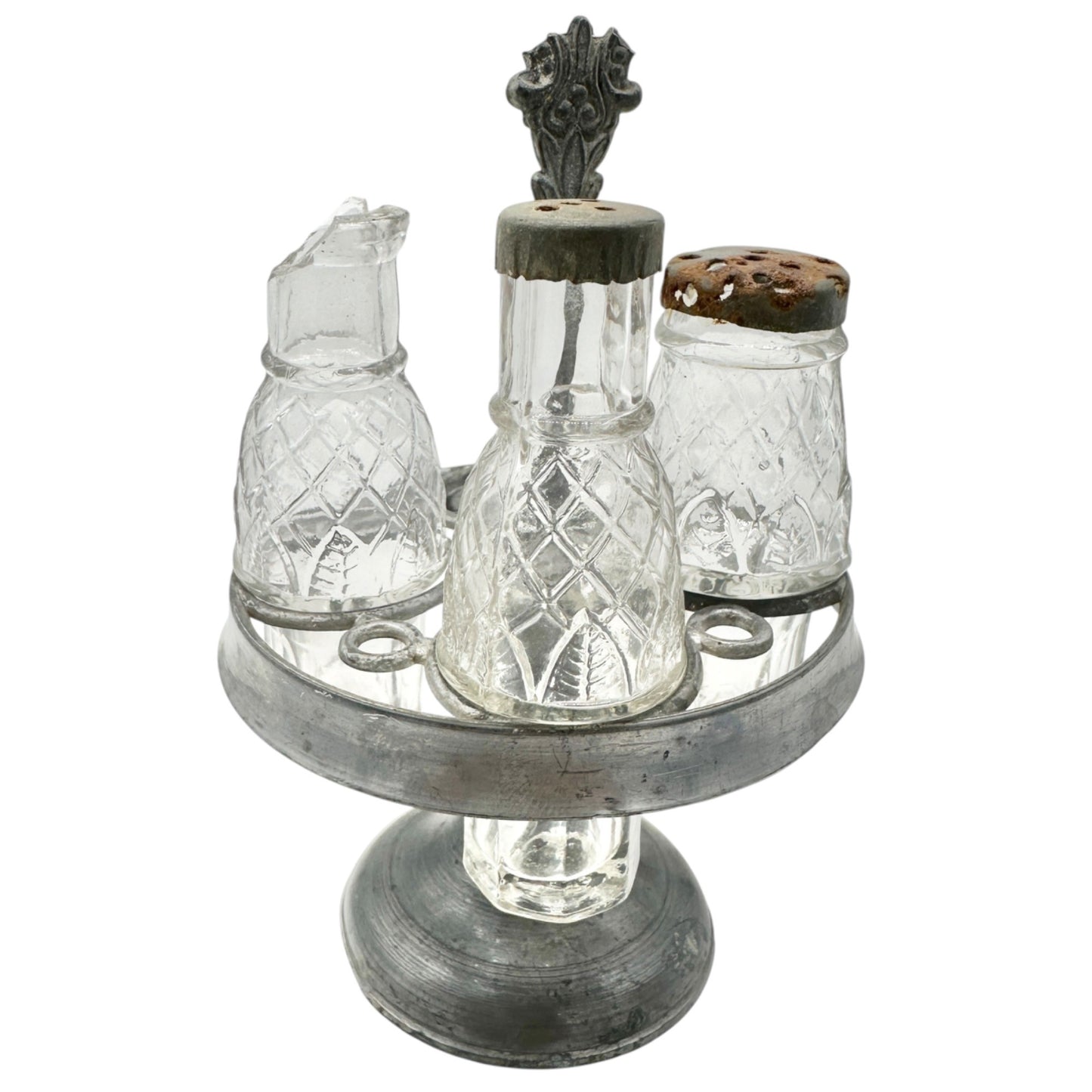 Antique Childrens Castor Cruet Partial Set - 3 Glass Bottles & Stand SEE DETAILS