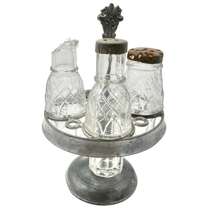 Antique Childrens Castor Cruet Partial Set - 3 Glass Bottles & Stand SEE DETAILS