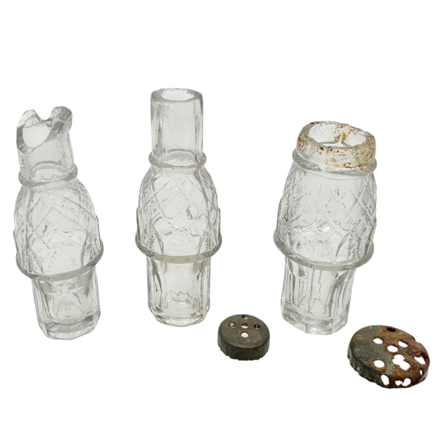 Antique Childrens Castor Cruet Partial Set - 3 Glass Bottles & Stand SEE DETAILS