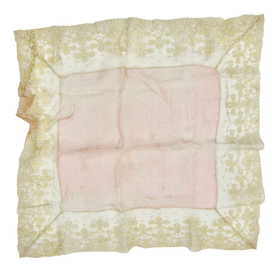 Antique Pink and Off White Lace Handkerchief 16x16 With Floral Embroidery