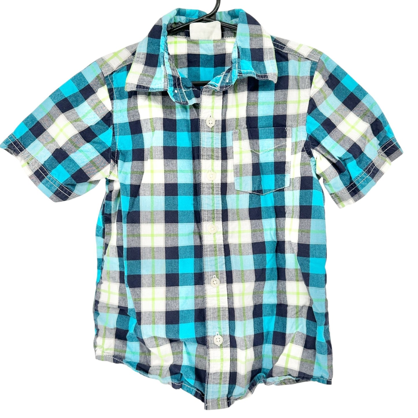 Crazy 8 Shirt Kids XS (4) Plaid Short Sleeve Button-Up Cotton Blue Green White