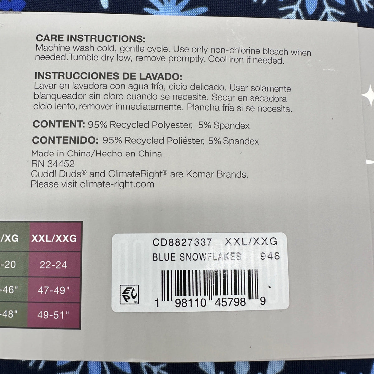 ClimateRight By Cuddl Duds 2pc Base Layer Set Womens XXL Blue Snowflake NIP