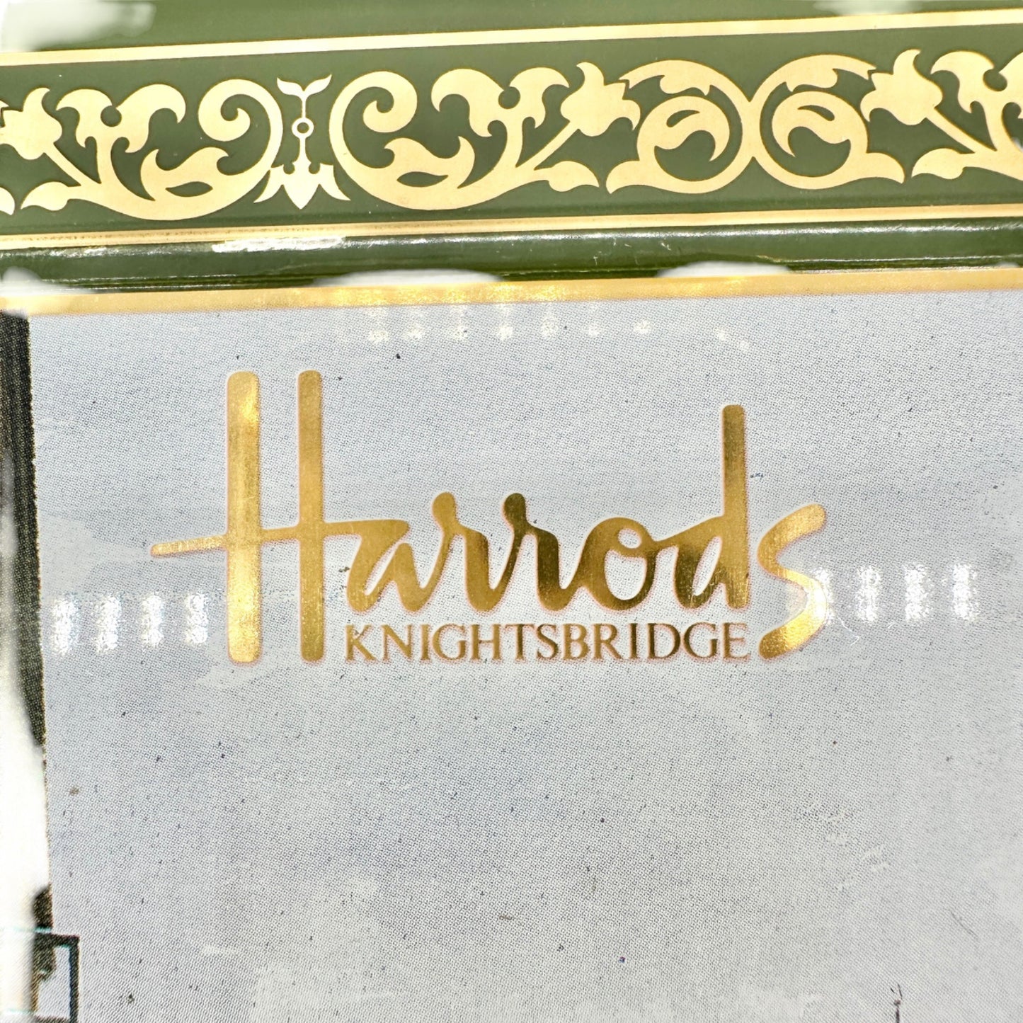 Vintage Harrods Knightsbridge Biscuit Tin Green Gold Traditional English Design