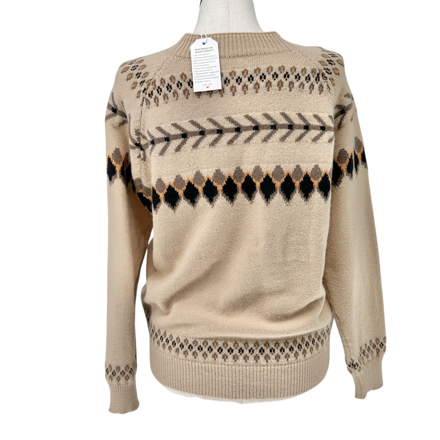 Made With Heart Sweater Womens XXL Cozy Beige Brown Knit Geometric Pattern NWT