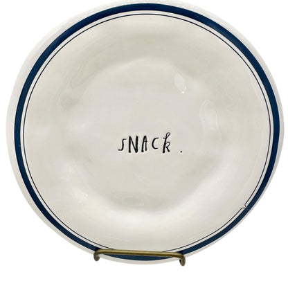 Vintage Rae Dunn Artisan Set of 3 Plates DINE SNACK SAVOR 6 inch White Blue Trim