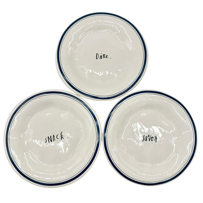 Vintage Rae Dunn Artisan Set of 3 Plates DINE SNACK SAVOR 6 inch White Blue Trim