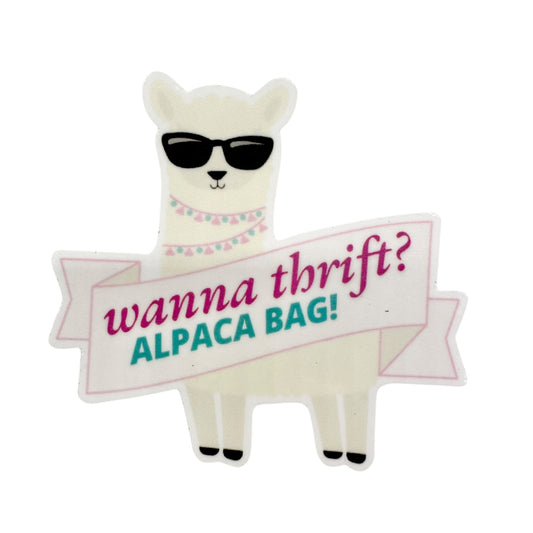 Thrifting Alpaca Sticker 2.5x2.5 Wanna Thrift? Alpaca Bag White Pink Teal