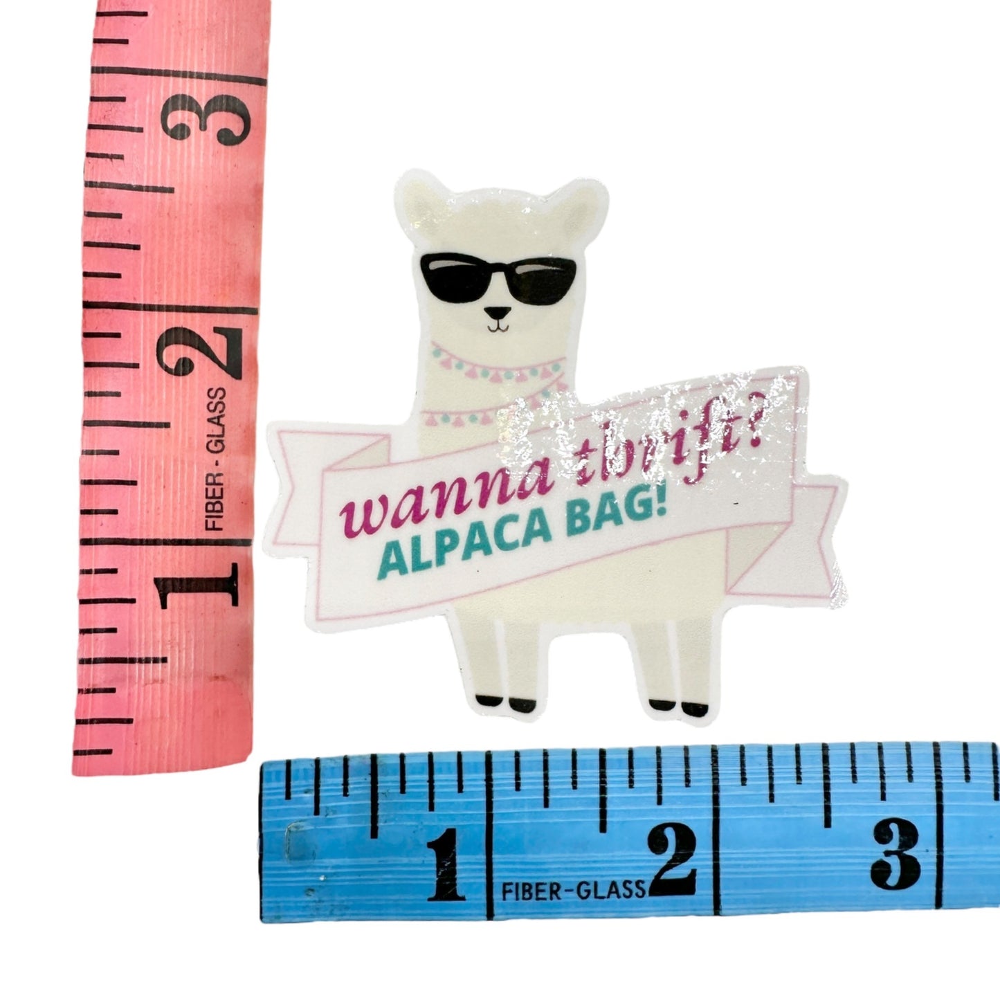 Thrifting Alpaca Sticker 2.5x2.5 Wanna Thrift? Alpaca Bag White Pink Teal