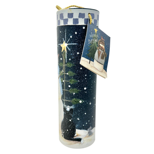 Winter Blessings Snowman Wine Carrier Gift Box With Rope Handle 13" H X 4" Dia