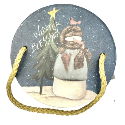 Winter Blessings Snowman Wine Carrier Gift Box With Rope Handle 13" H X 4" Dia