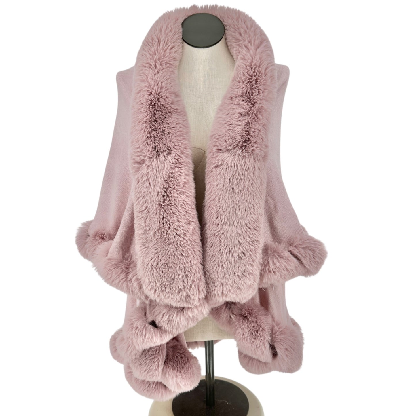 Luxurious Pink Faux Fur Trimmed Shawl Wrap Women One Size Fits Most Viscose