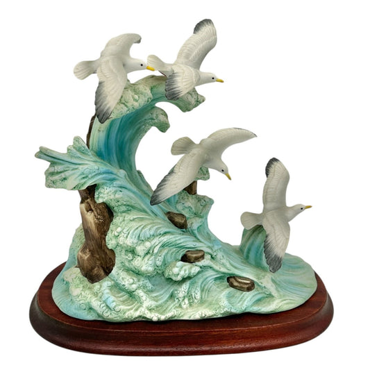 Sea Gulls In Flight Porcelain Sculpture By Andrea Sadek On Wood Base #6572