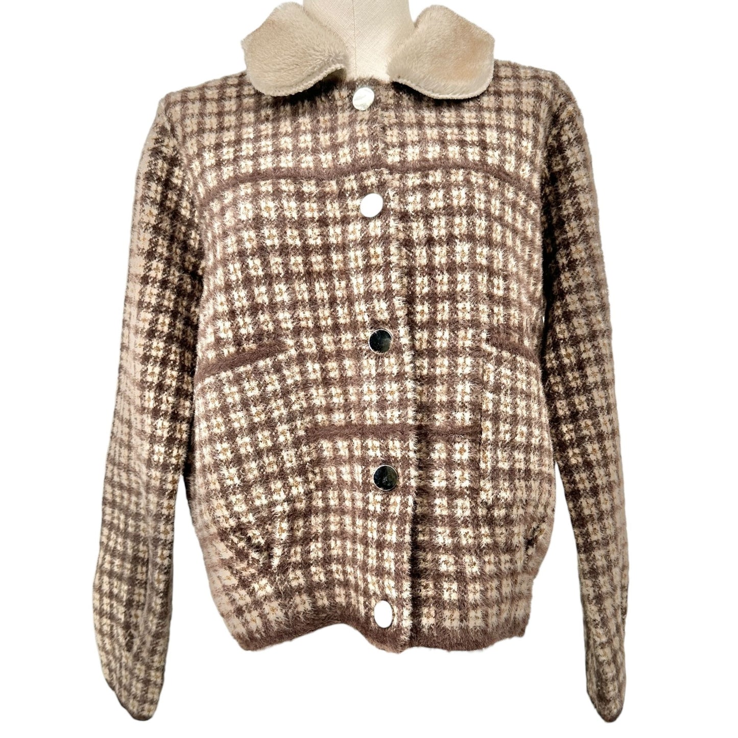 Cyrus Womens Elk Plaid Jacket With Faux Fur Collar Button Closure -Style C392314