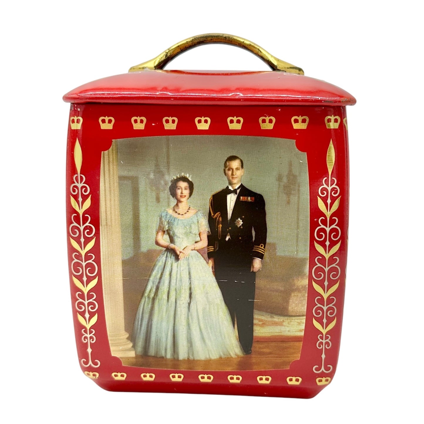 Vintage Edward Sharp and Sons Red Tin Queen Elizabeth II Prince Philip Portraits
