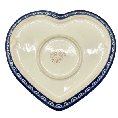 Handmade Boleslawiec Polish Pottery Heart-Shaped Plate Blue White Swirl Design