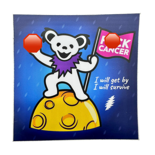 Motivational Cancer Survivor Sticker 4x4 Square Blue with White Bear Yellow Moon