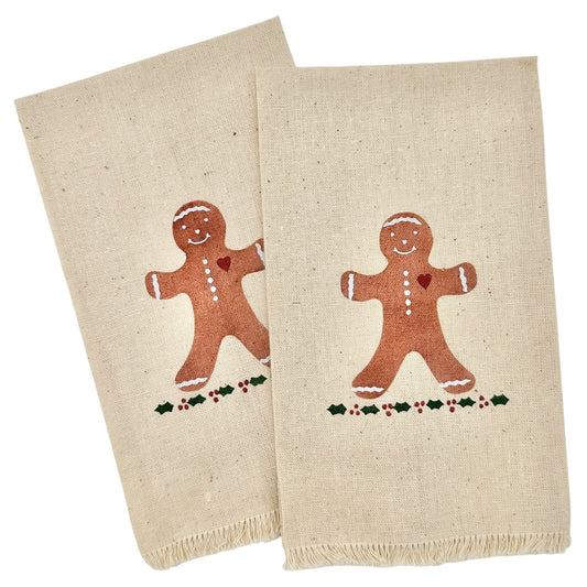 Christmas Fingertip Towels Pair With Gingerbread Man Print Rustic Holiday Decor