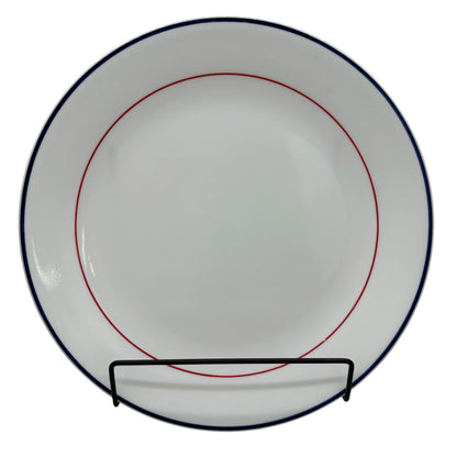 White Ceramic Plate With Red & Blue Accent Rings 10 Inch Dia Vtg Inspired Simple