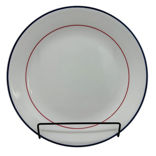 White Ceramic Plate With Red & Blue Accent Rings 10 Inch Dia Vtg Inspired Simple