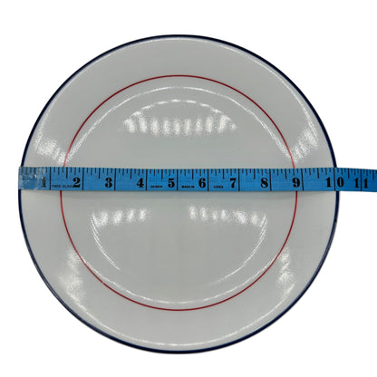 White Ceramic Plate With Red & Blue Accent Rings 10 Inch Dia Vtg Inspired Simple