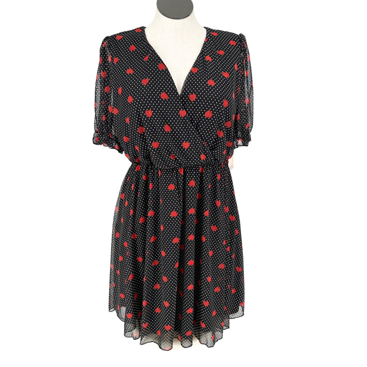 Inspired Hearts Dress 3X Black White Polka Dots Red Hearts Print SS Flowy Waist