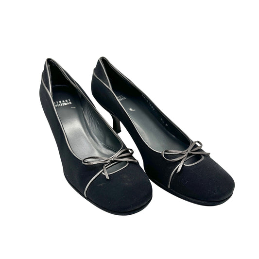 Stuart Weitzman Black Satin Kitten Heel Pumps Womens Size 8.5 N With Bow Accent