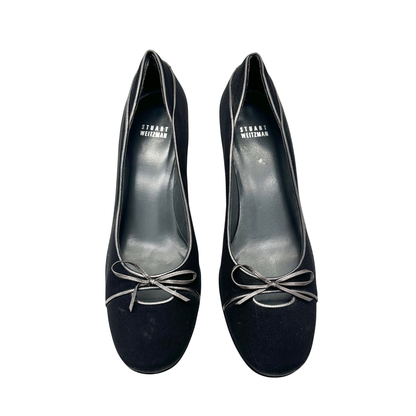 Stuart Weitzman Black Satin Kitten Heel Pumps Womens Size 8.5 N With Bow Accent