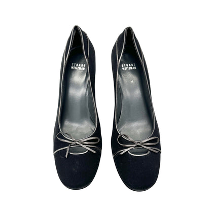 Stuart Weitzman Black Satin Kitten Heel Pumps Womens Size 8.5 N With Bow Accent