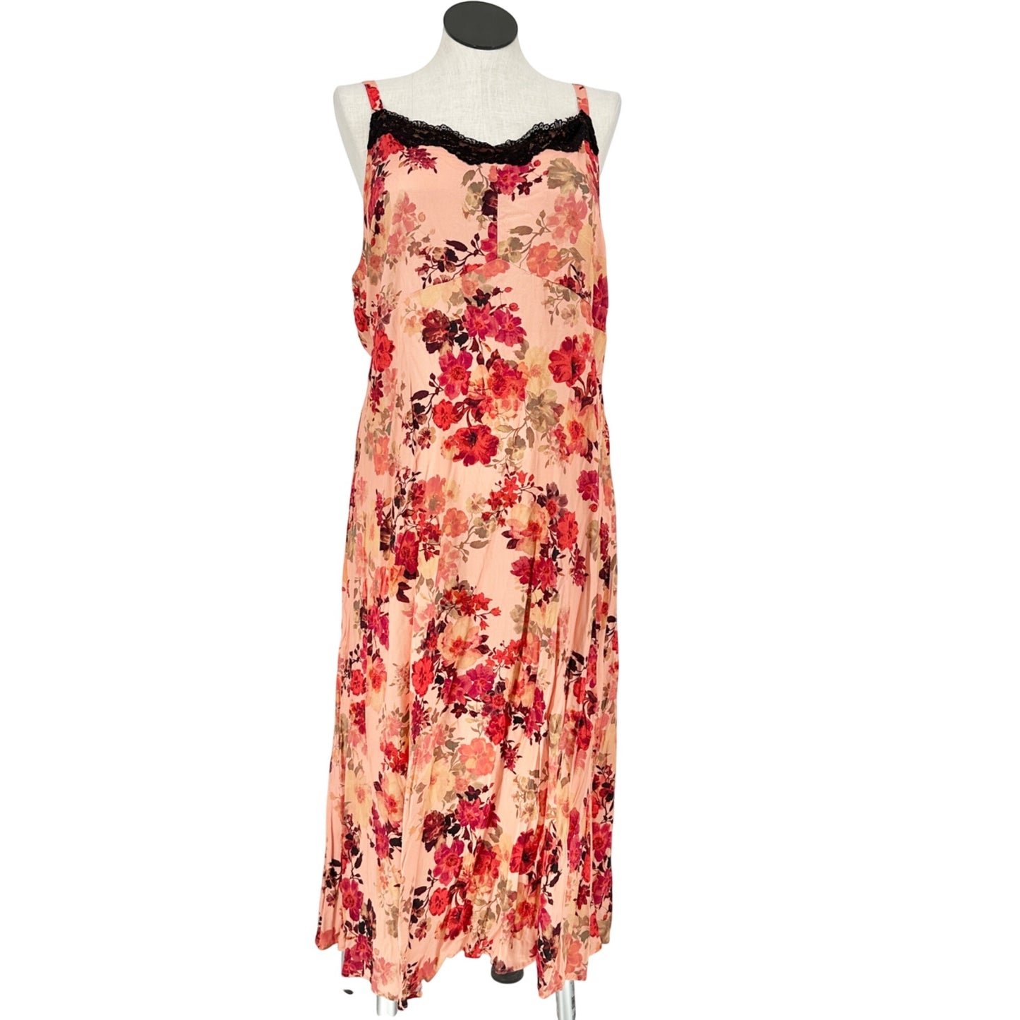 Torrid Tea Length Floral Cami Dress 2X Stretch Challis Fabric Lace Trim Pink Red
