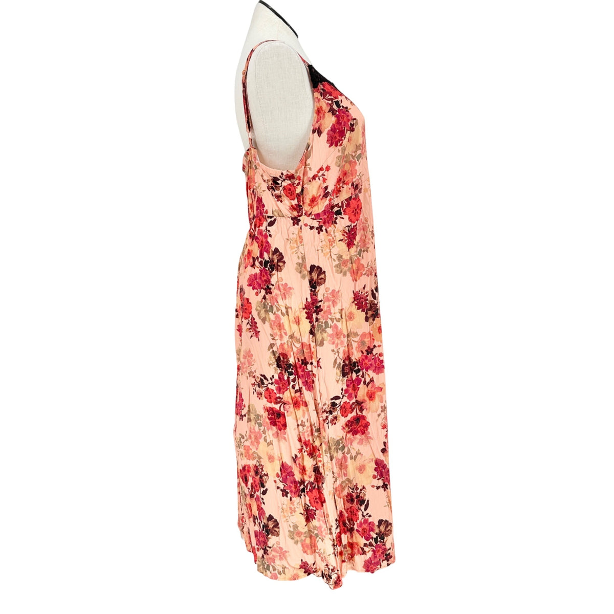 Torrid Tea Length Floral Cami Dress 2X Stretch Challis Fabric Lace Trim Pink Red