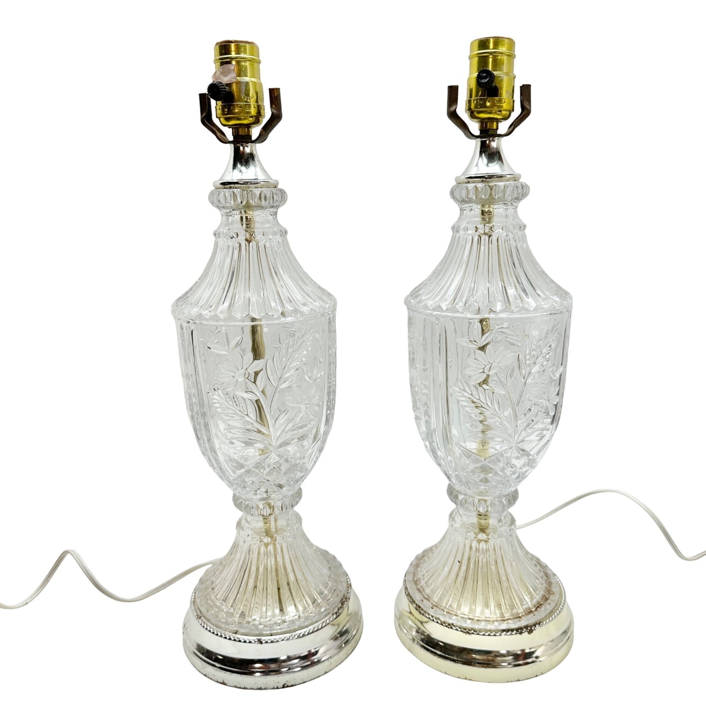 Pair Of Vintage Crystal & Metal Table Lamps With Floral Etched Design