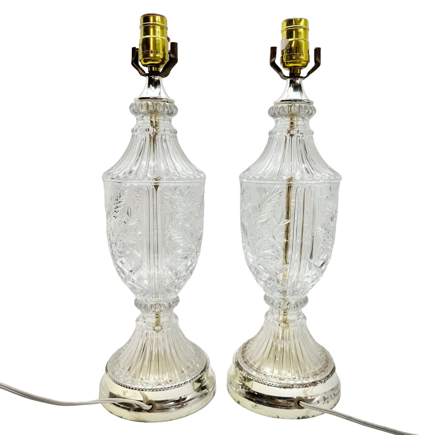 Pair Of Vintage Crystal & Metal Table Lamps With Floral Etched Design